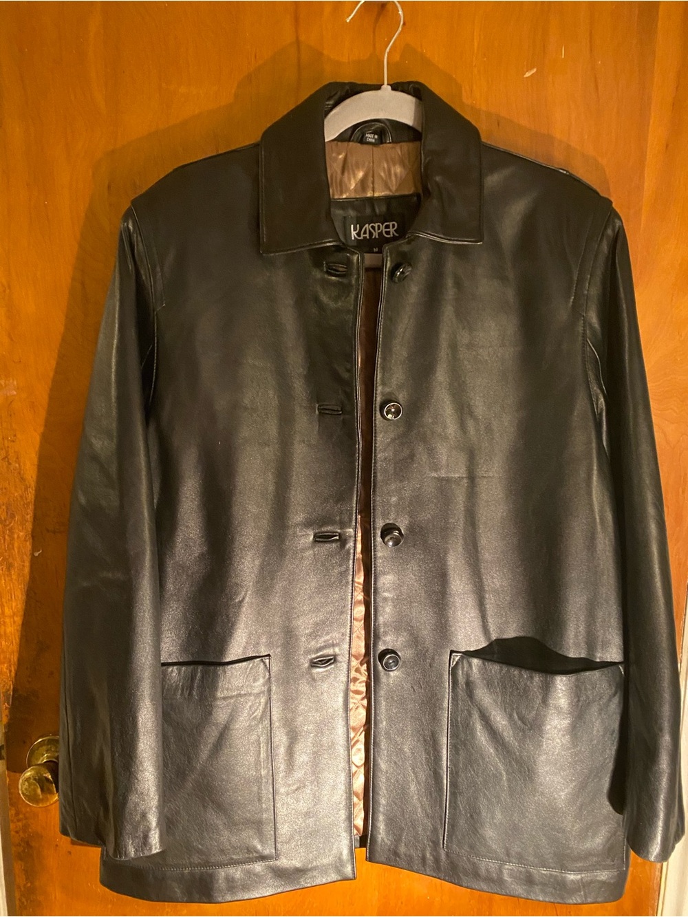 Kasper Black Leather Trench Coat with Patch Pockets